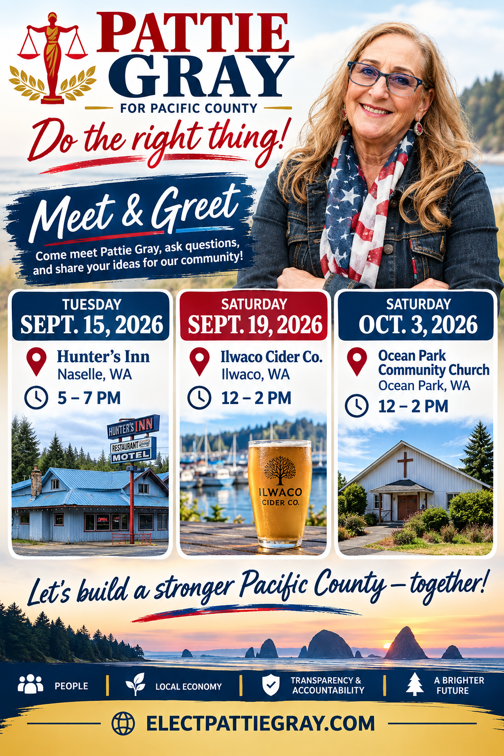 Pattie Gray Meet & Greet flyer: Sept. 15 at Hunter's Inn in Naselle, Sept. 19 at Ilwaco Cider Co. in Ilwaco, and Oct. 3 at Ocean Park Community Church in Ocean Park